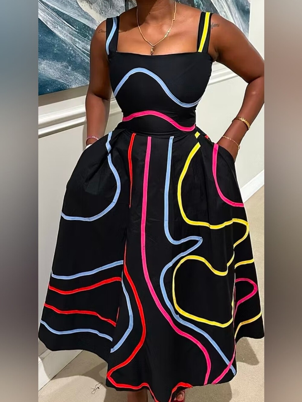 Black Colorblock A-Line Skirt with Neon Trim